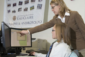 Senior geology major Samantha Taylor receives instruction from Dr. Christina Hupy at the University of Wisconsin Eau Claire's Geography and Anthropology Department. Image courtesy of University of Wisconsin Eau Claire.